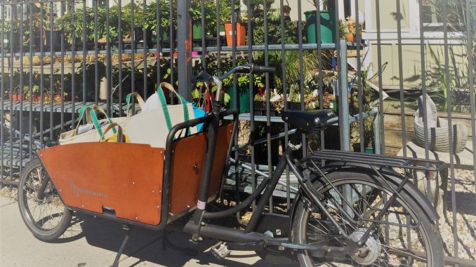 A cargo bike with a large wooden box in the front, filled with groceries, in front of a metal fence with plants in the background.