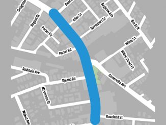 A map of Mass Ave near Porter Square, with a blue line highlighting the section between Roseland St and Beech St which is the focus of the Porter Square Safety Improvement Project