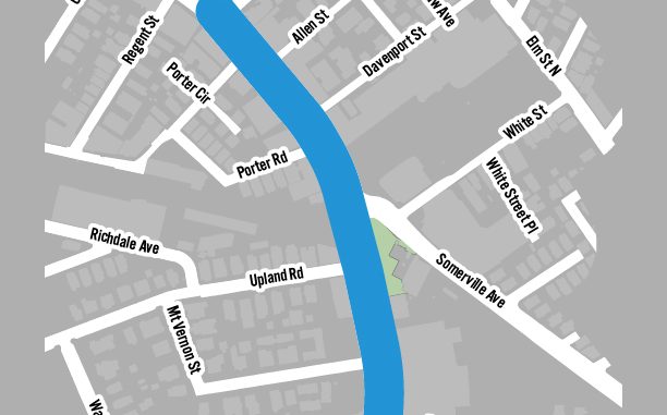 A map of Mass Ave near Porter Square, with a blue line highlighting the section between Roseland St and Beech St which is the focus of the Porter Square Safety Improvement Project