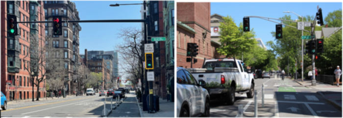 A split image showing the intersection of Massachusetts Avenue and Beacon Street in Boston, where the bicycle signal is separated from the right turn signal by a significant distance, and the intersection of Mt. Auburn and DeWolfe streets in Cambridge.