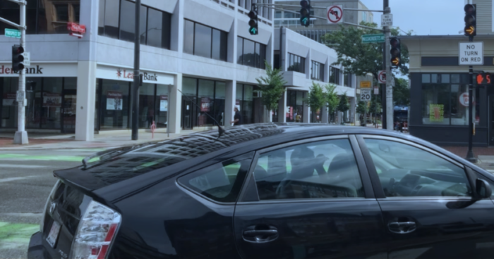 The intersection at Massachusetts Avenue and Prospect Street, which has a flashing yellow arrow.