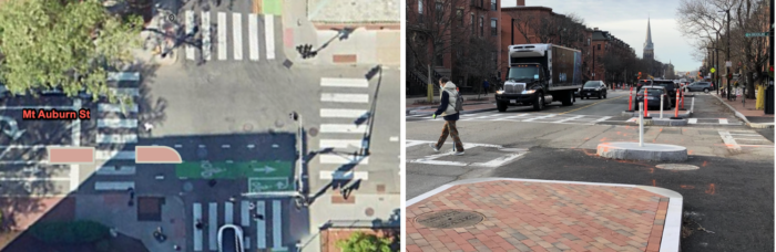 An overhead view side-by-side with a street-level view of the Mount Auburn Street and Dewolfe Street intersection. 