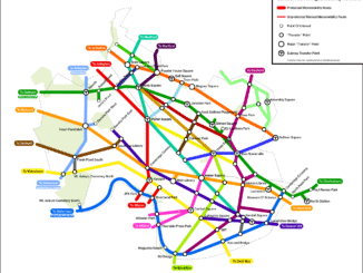 A colorful map of the bicycle, foot, and micromobiolty paths around Cambridge. the map shows the completed network as envisioned by the Cambridge Cycling Safety Ordinance