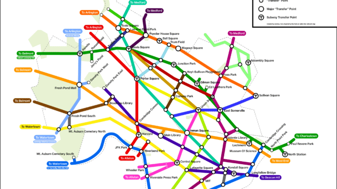 A colorful map of the bicycle, foot, and micromobiolty paths around Cambridge. the map shows the completed network as envisioned by the Cambridge Cycling Safety Ordinance