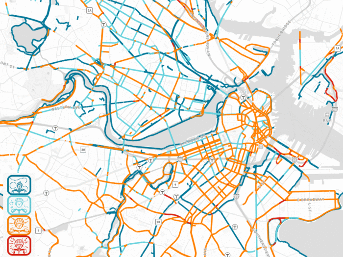 A map of Boston showing the more difficult bicycle routes in orange and red. Blue and light blue are lower stress routes. Map is a screen capture of a live map posted on the BCU website