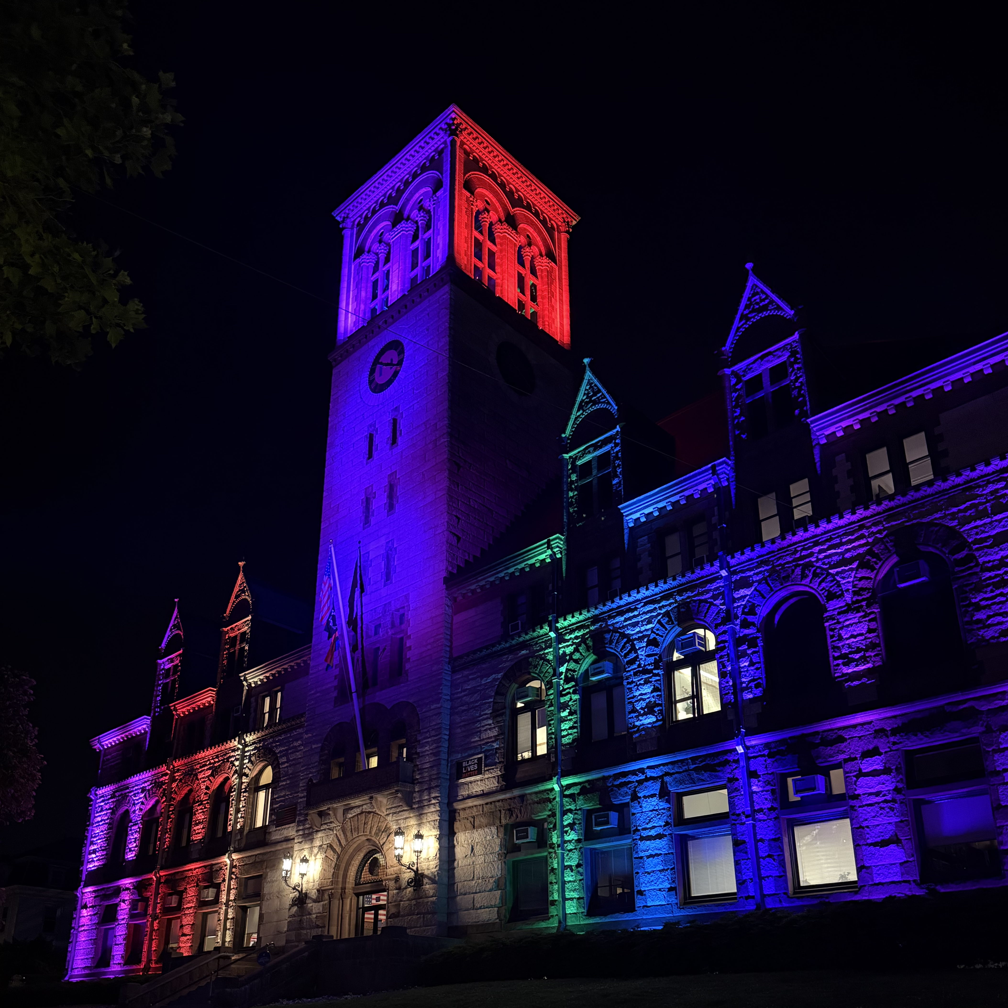 City Hall Cambridge with pride rainbow lights taken on 6/16/25 -
